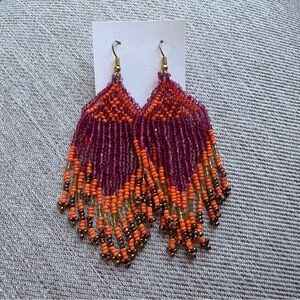 Vibrant Beaded Fringe Earrings Handmade Orange Pink Gold